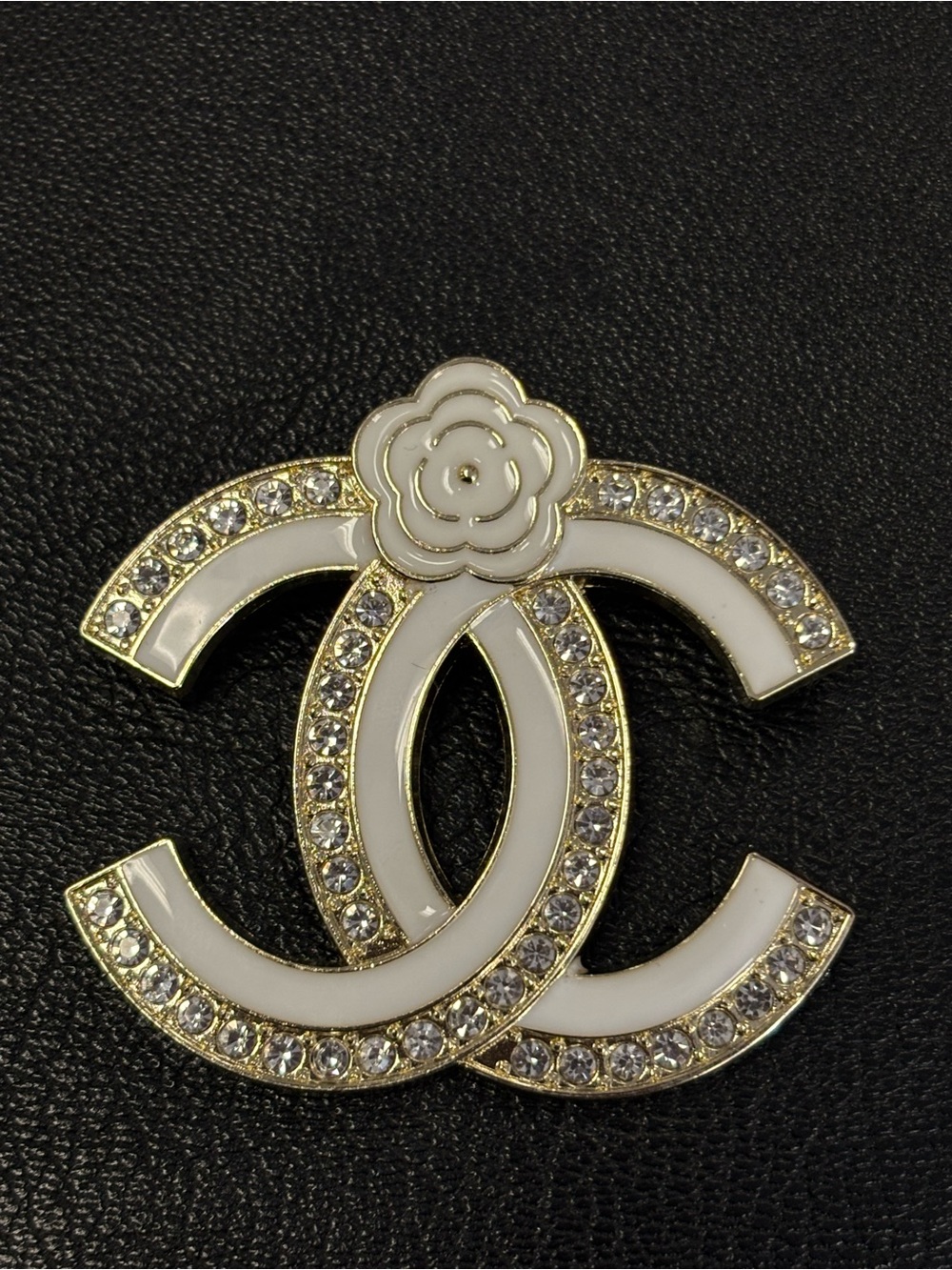 Chanel-White Camellia Crystal Double C Brooch